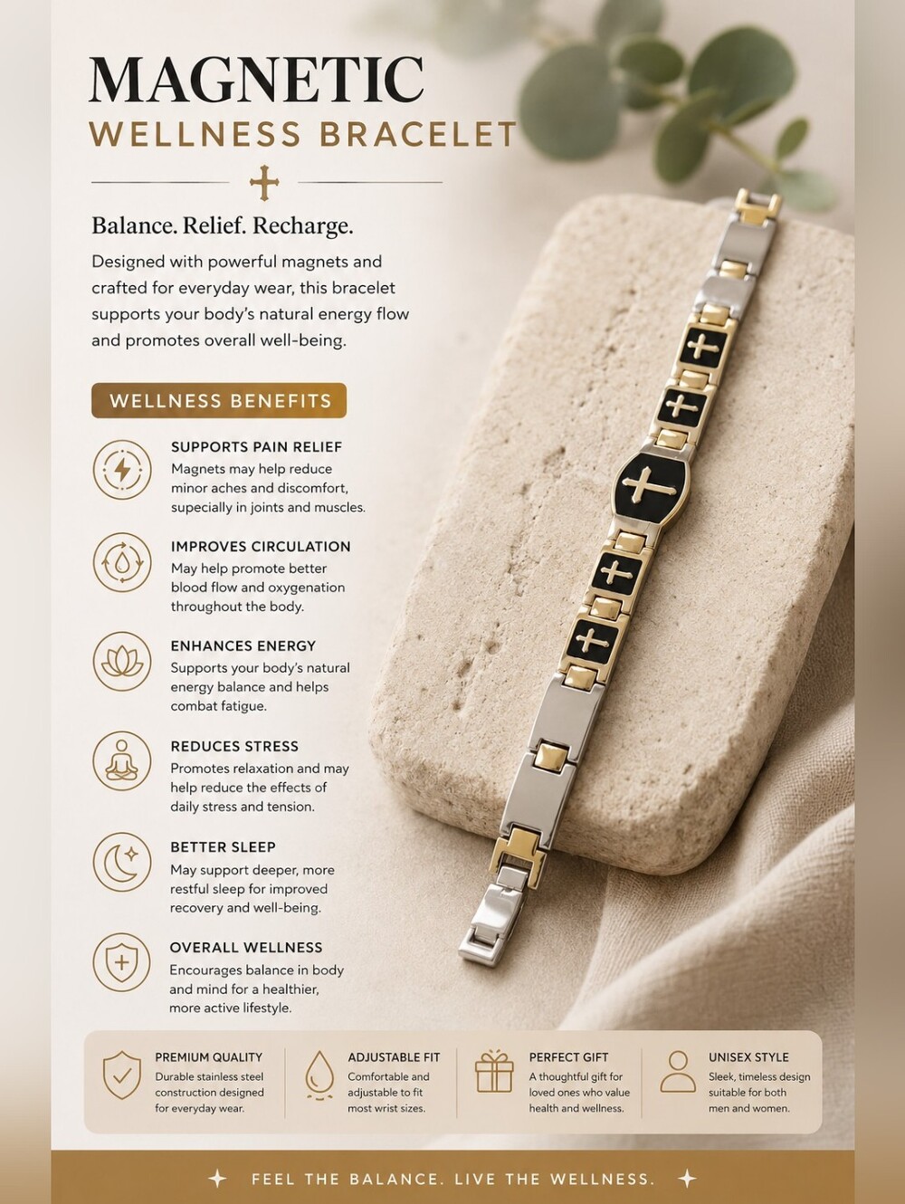 Magnetic Wellness Two-Tone Gold & Silver Bracelet with Black Accents